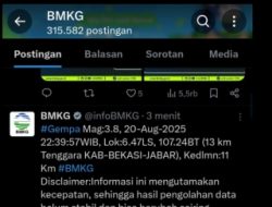 Tiga Kali Gempa Susulan Goyang Kab Bekasi, Terbaru 3,8 Magnitudo