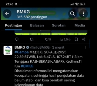 Tiga Kali Gempa Susulan Goyang Kab Bekasi, Terbaru 3,8 Magnitudo