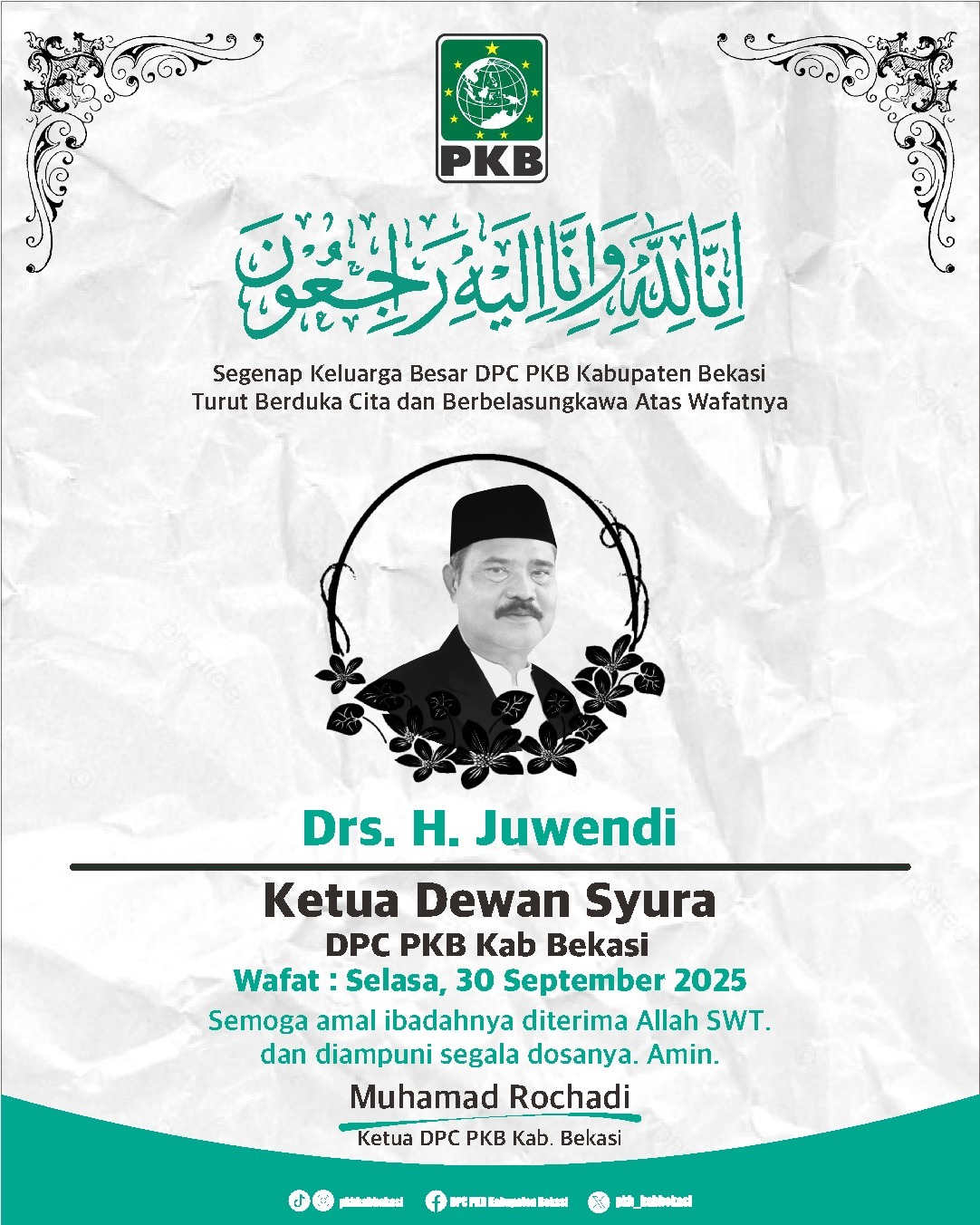 Ketua Dewan Syura PKB Kabupaten Bekasi Haji Juwendi Berpulang