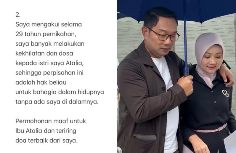 Ridwan Kamil Minta Maaf ke Atalia Praratya, Akui Banyak Salah Selama 29 Tahun Pernikahan!