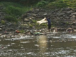 Kali Bekasi Menyusut, Warga Berburu Ikan